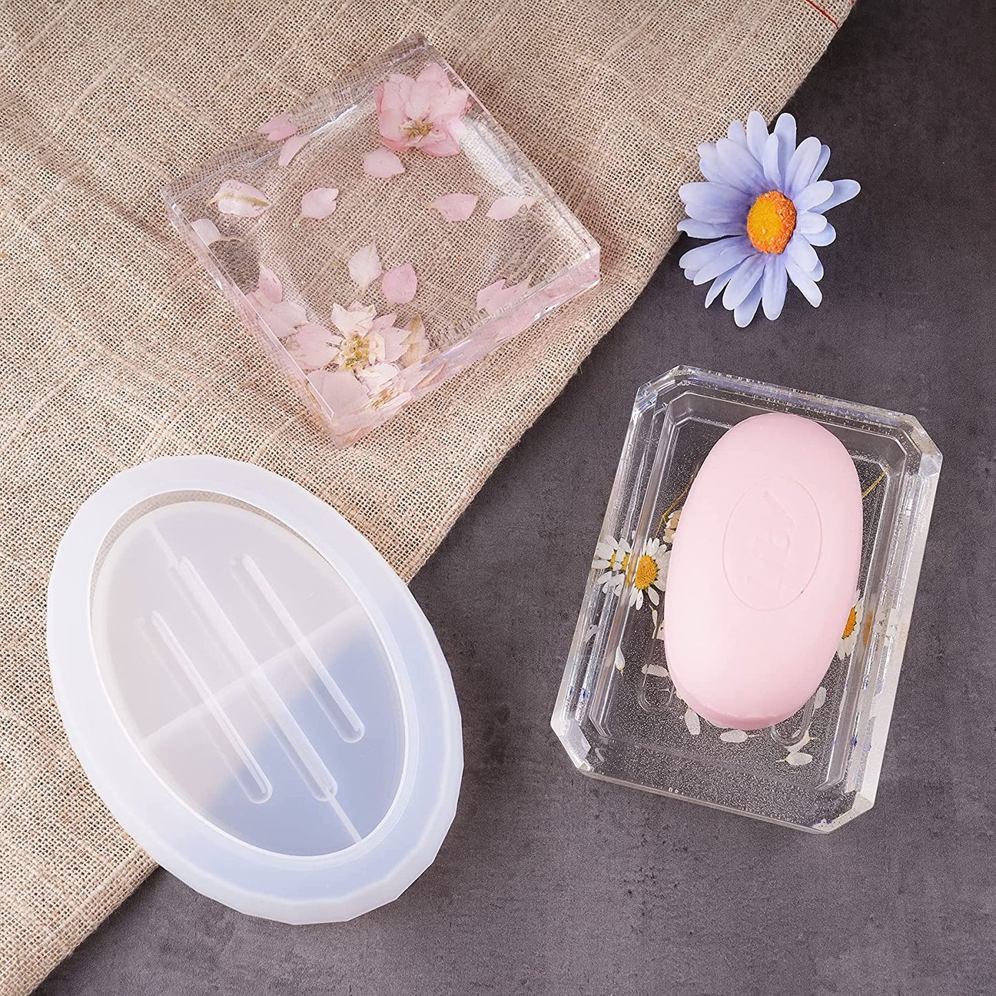 Soap Dish Resin Silicone Mold Kit 3 Shapes Oval/Square/Rectangle + Star Sequins