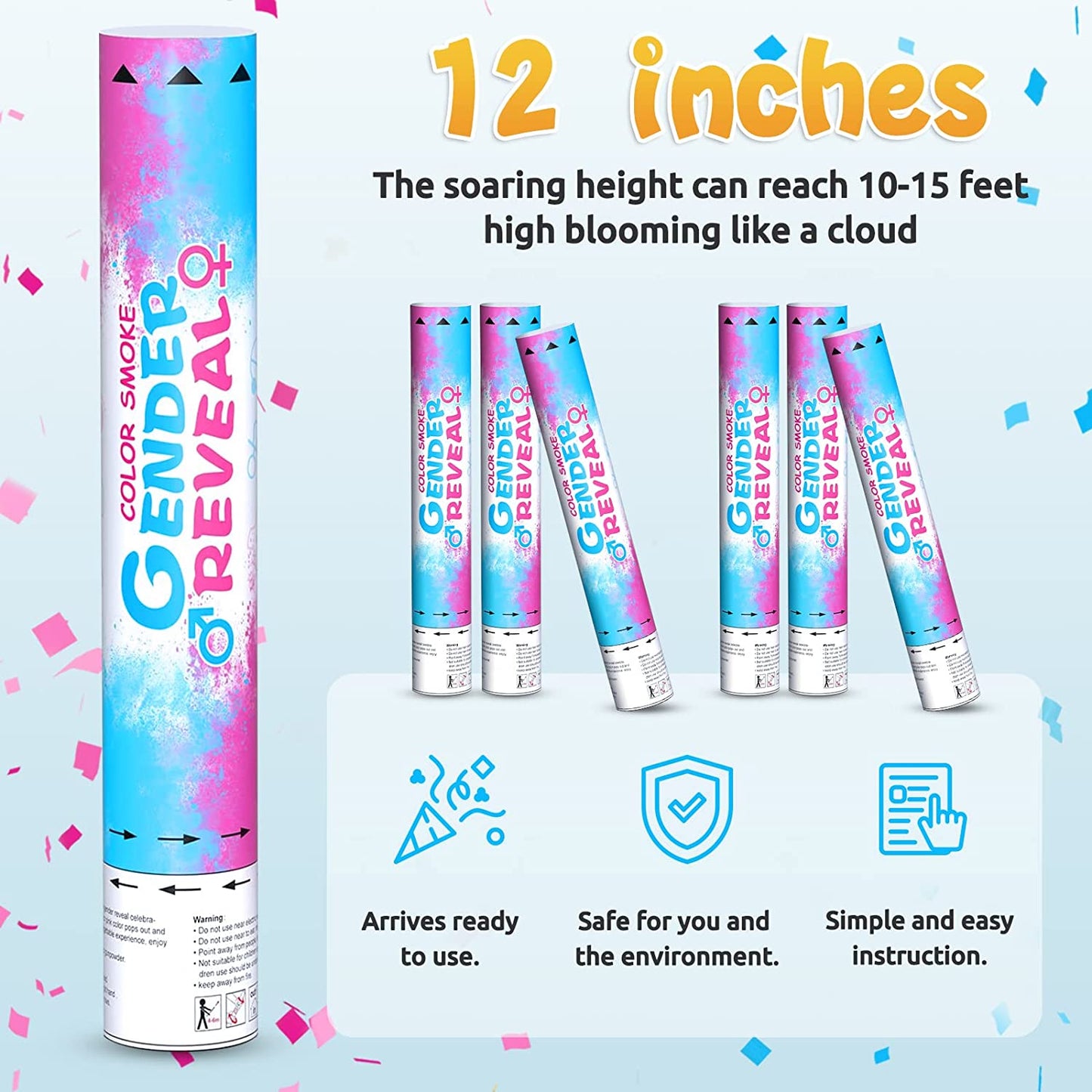 6PCS Boy or Girl Baby Gender Reveal Confetti Powder Cannon Popper 3 Pink+3 Blue