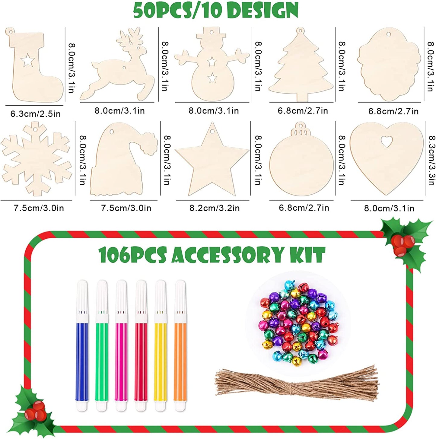 Unfinished Christmas Wooden Ornament 51PC DIY Hanging Decoration Holiday Home