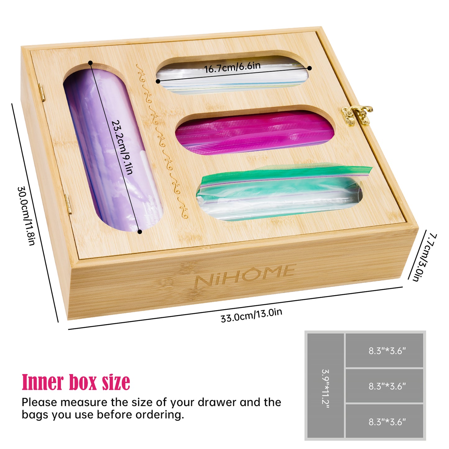 Bamboo Wood Ziplock Bag Storage Organizer with Openable Top Lid for Drawer Mar