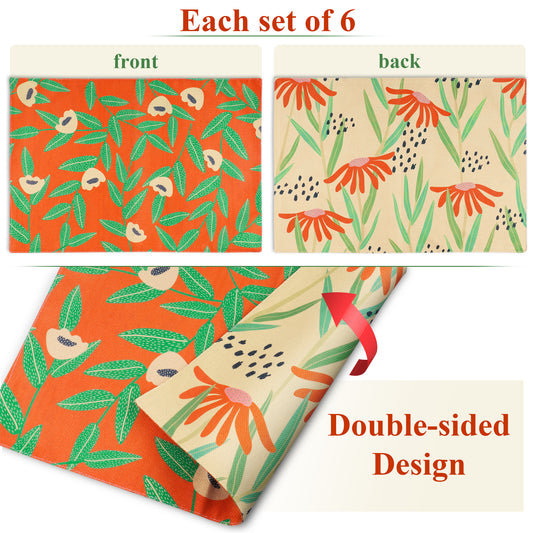 Pure Linen Placemats Set of 6 with Double-Sided Spring Floral Patterns Mashine