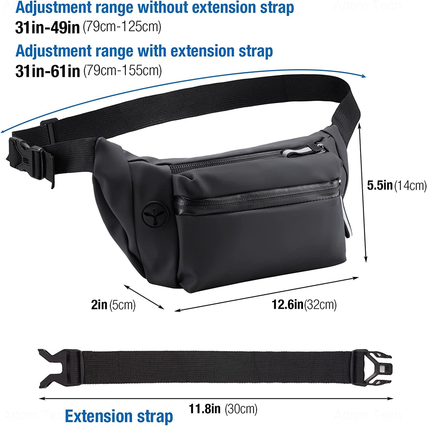 Large Unisex Crossbody Fanny Pack 3 Zipper Pockets Adjustable Strap for Sports