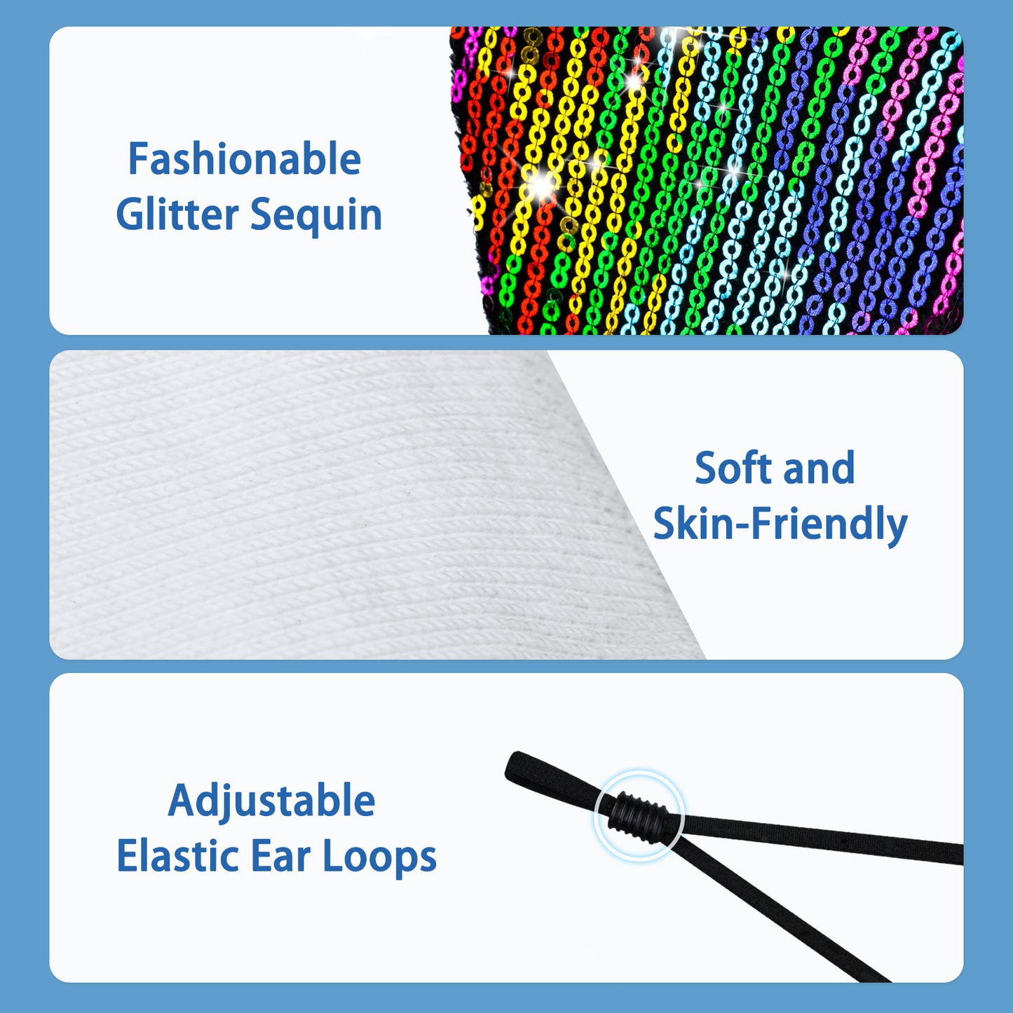 Fashion Rainbow Multi Color Glitter Sequin on Black Reusable for Women Adjustab
