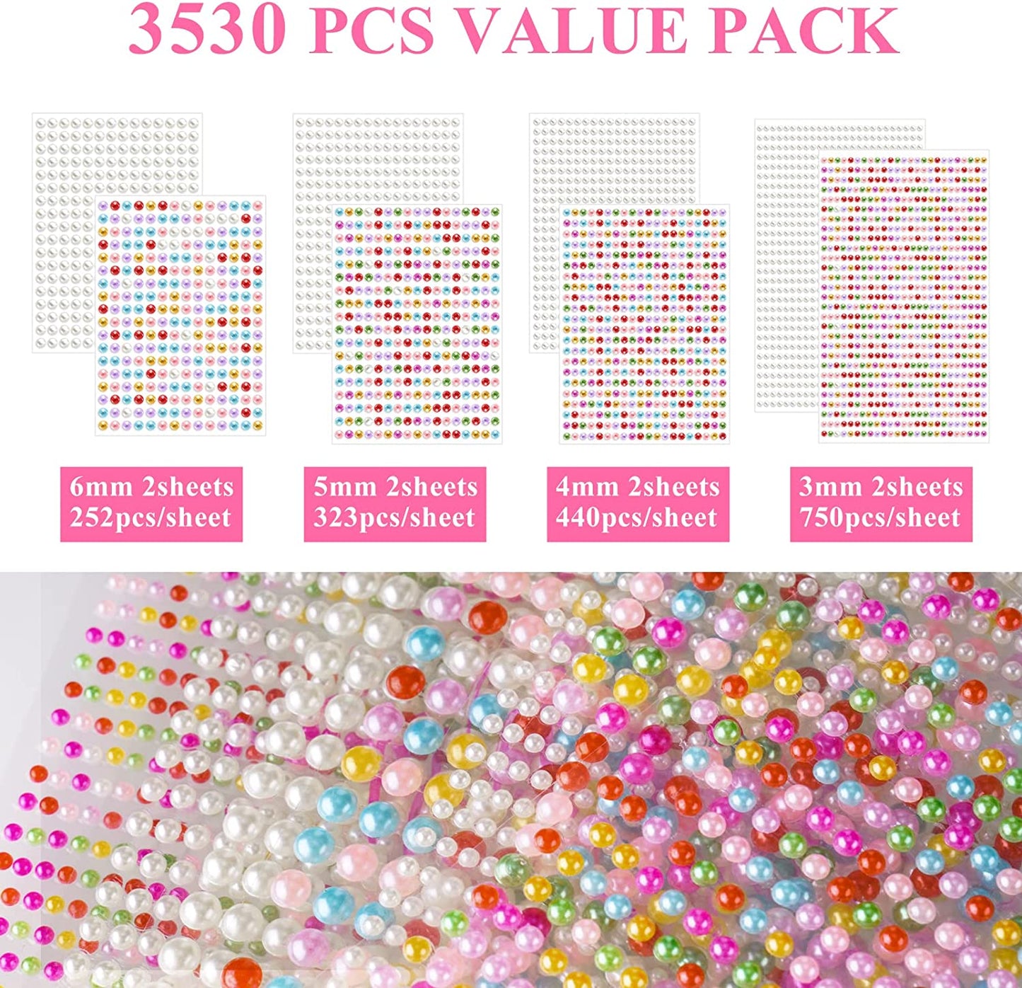 Self Adhesive Pearl Stickers 3530 PCS White and Rainbow Flat Back Pearl Stickers