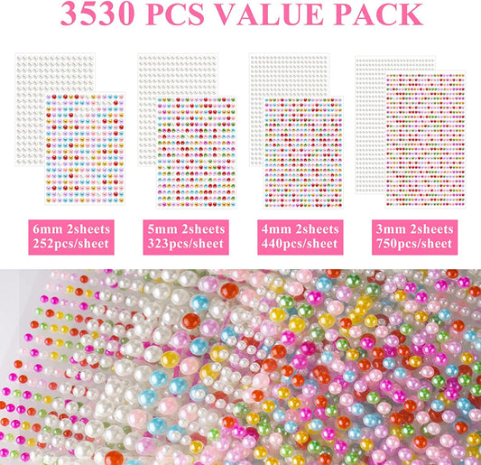 Self Adhesive Pearl Stickers 3530 PCS White and Rainbow Flat Back Pearl Stickers