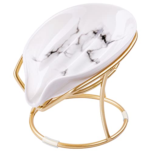 Ceramic Soap Dish Self-Draining Tray with Stand, Decorative Leaf-Shape Bar Soa