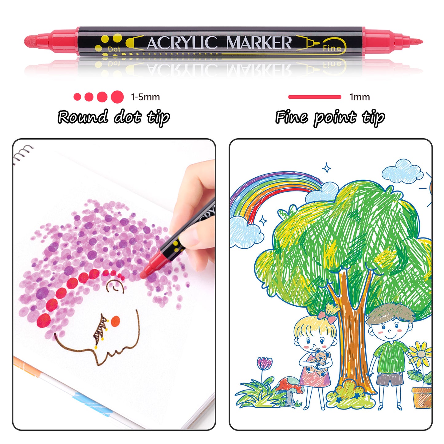 Dual Tip DOT Marker Pens, 12 Colors 1mm Fine Tip & 5mm Round DOT Tip Water-Bas
