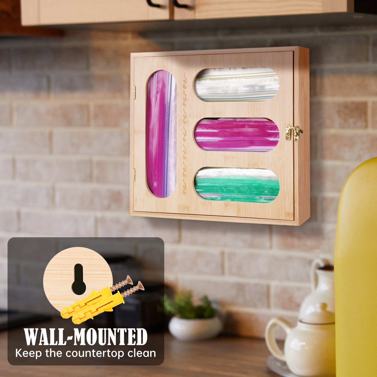 Bamboo Wood Ziplock Bag Storage Organizer with Openable Top Lid for Drawer Mar
