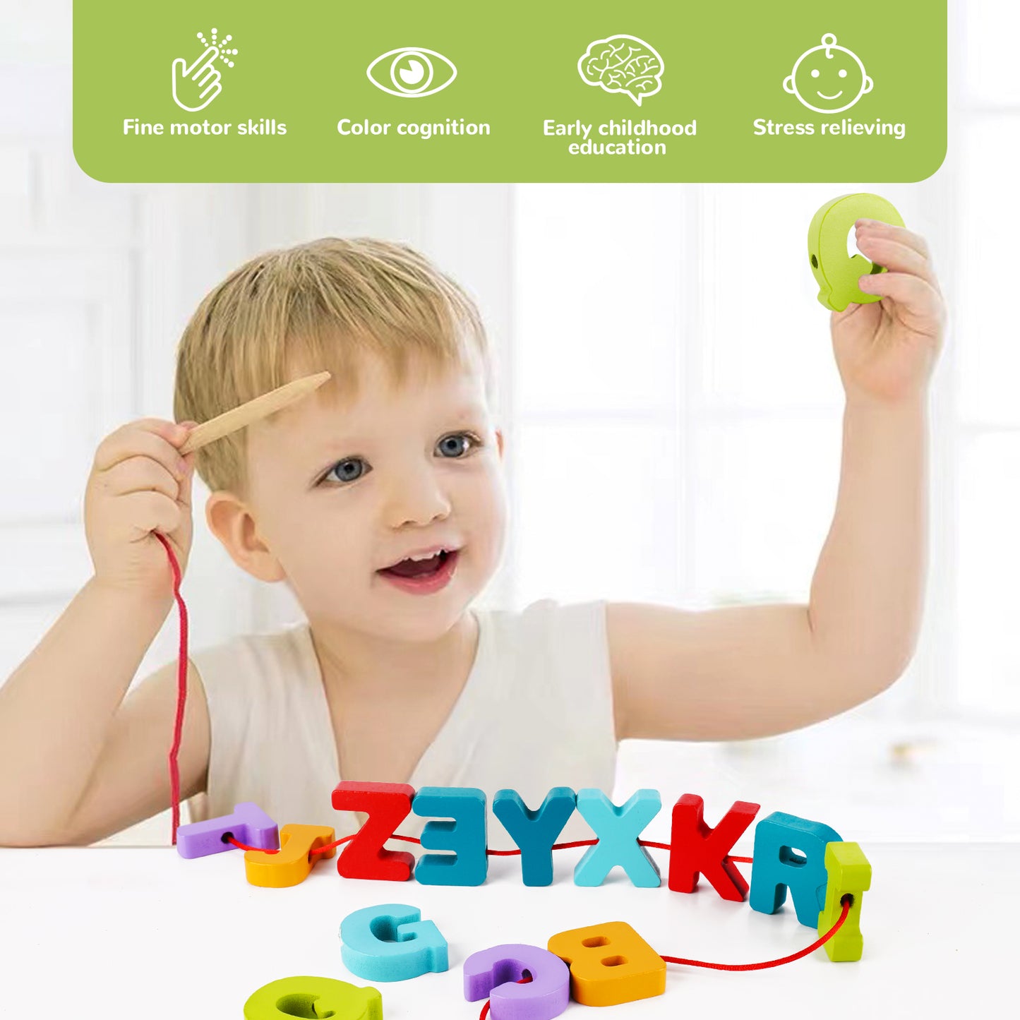 3-In-1 Wooden Alphabet Letter Block Learning Puzzle Whiteboard Lacing Toy