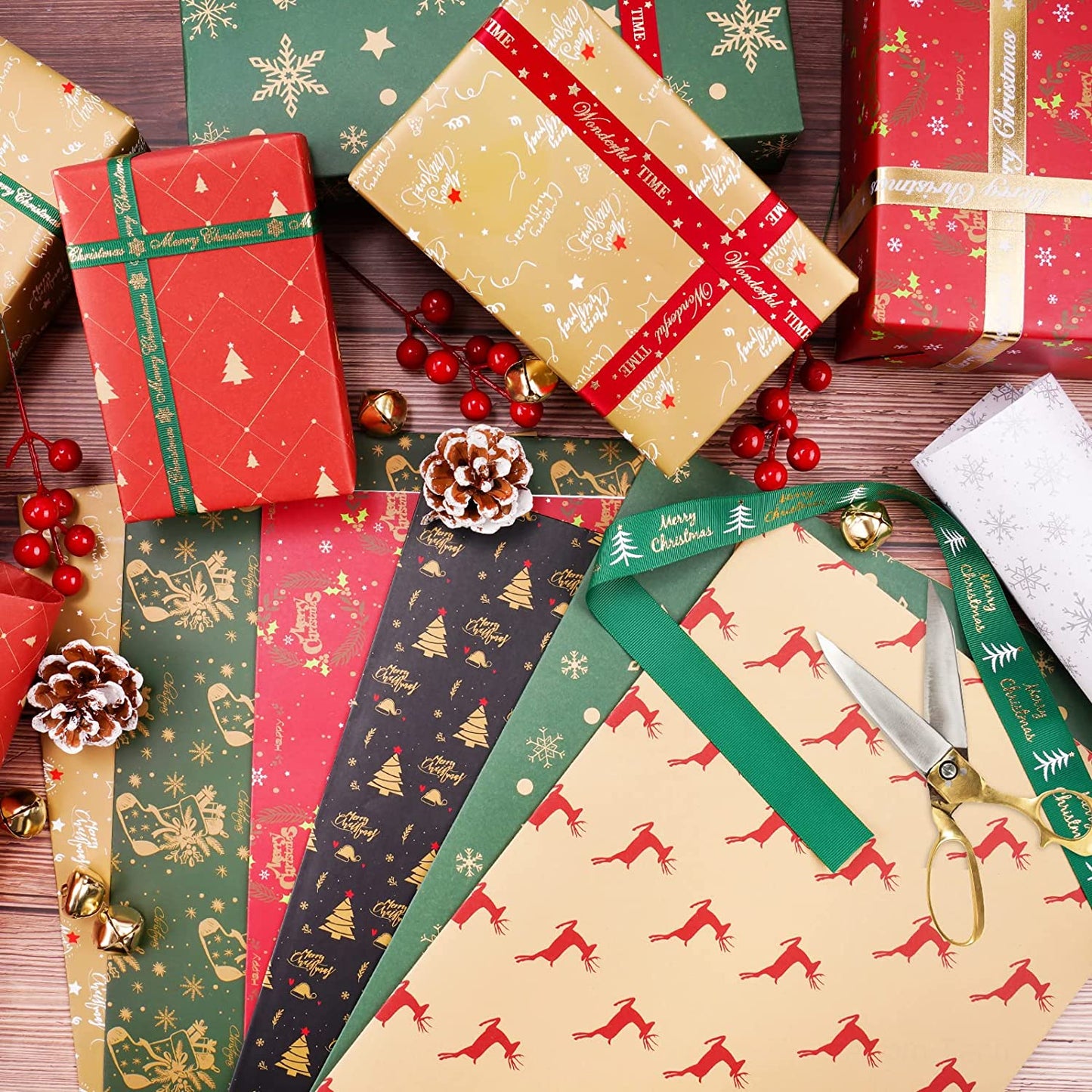 Christmas Holiday Wrapping Paper 8 Pattern 28x20 Matte Glossy Finish Kraft Paper