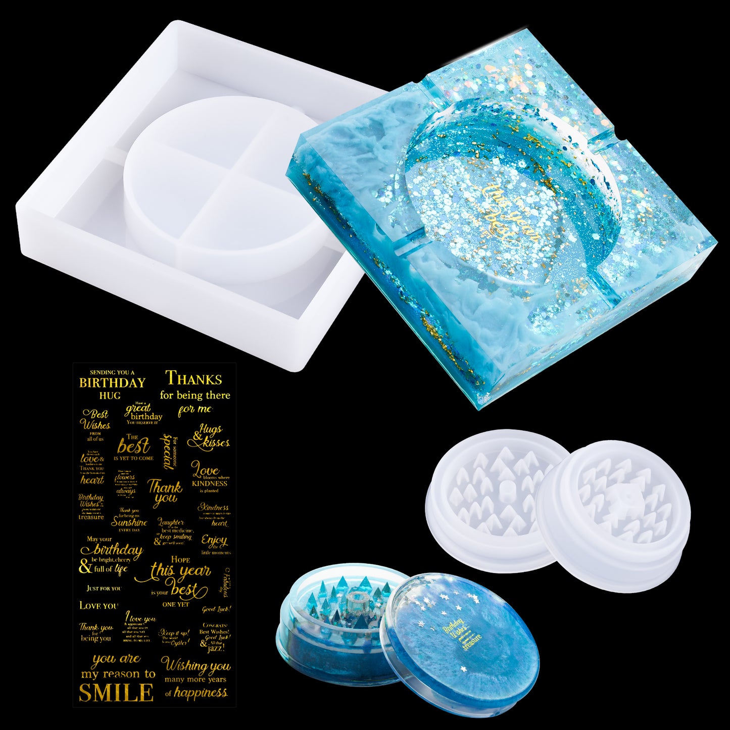 Epoxy Resin DIY Casting Silicone Mold Kit 2.87" Herb Grinder+5" Large Square A