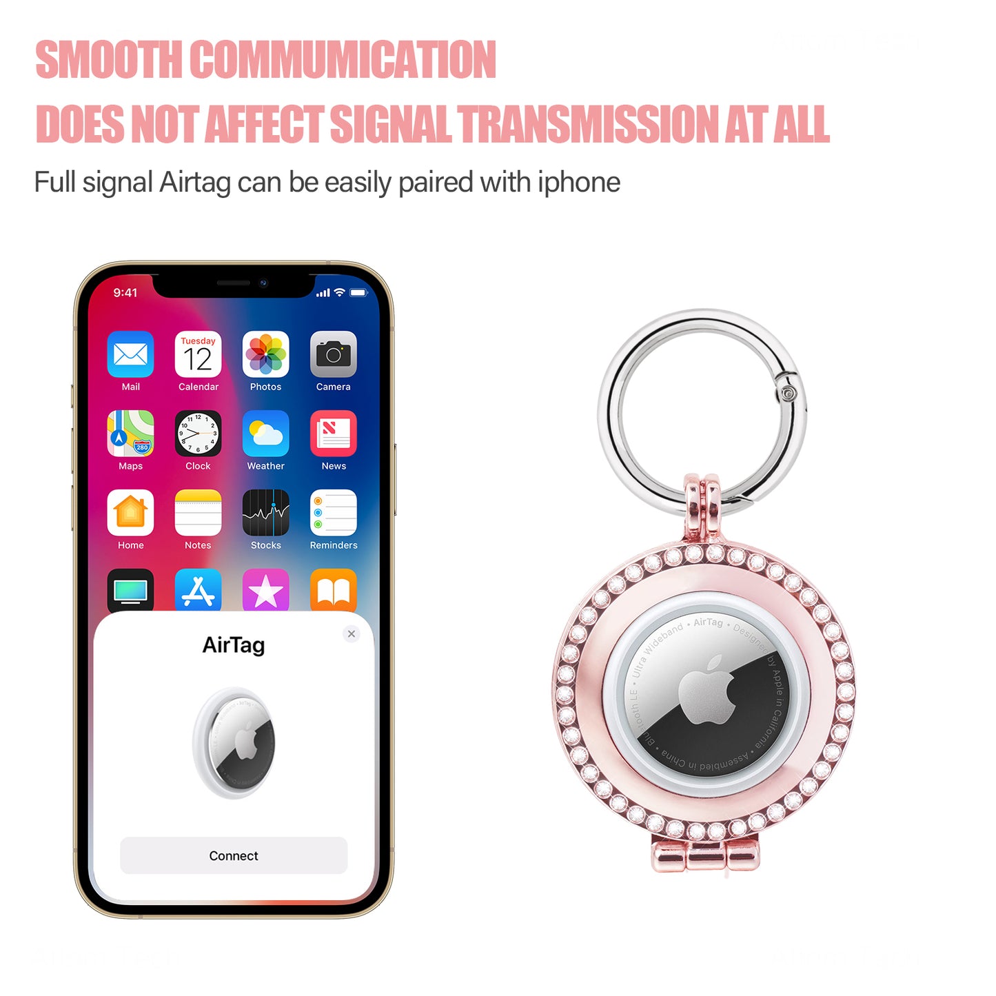(Case Only) Alloy Metal Rhinestone Protective Case for Apple AirTag (Rose Gold)