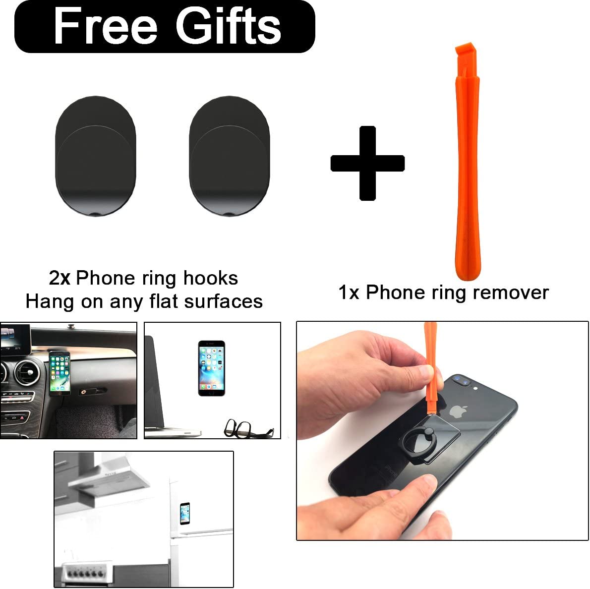 Transparent Phone Finger Ring Holder Grip 360 Degree Rotation Kick-Stand (Black)