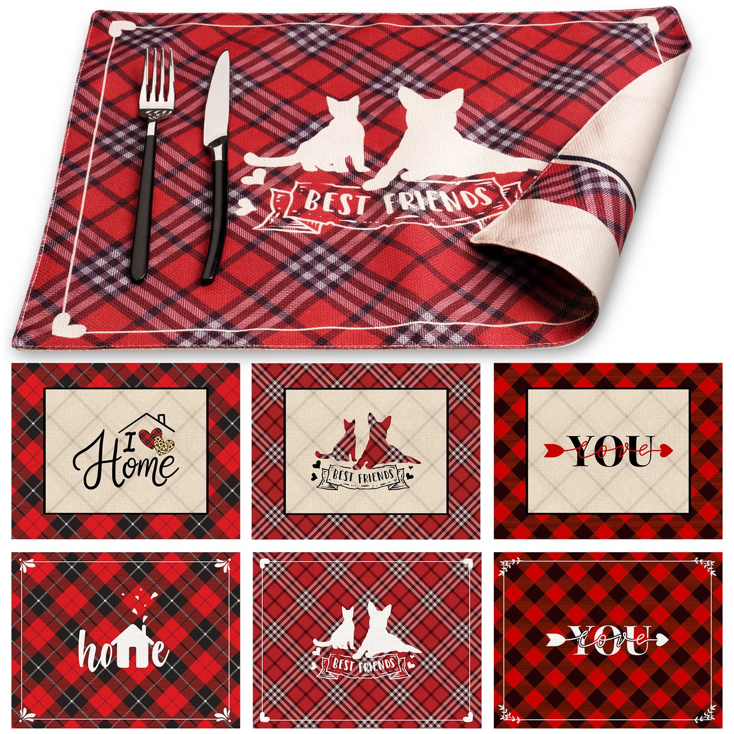 Cloth Placemats Set of 6, Linen Type Buffalo Plaid Placemats Machine Washable