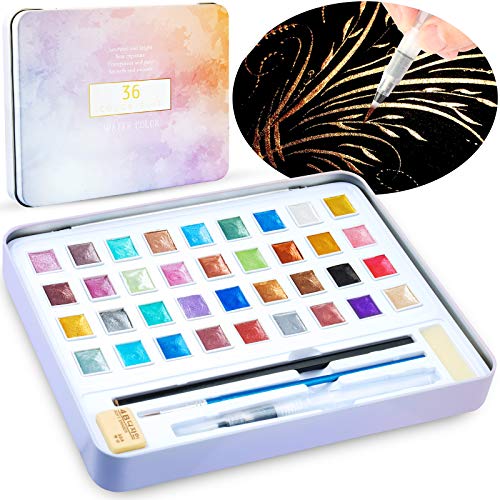 36 Pearlescent Glitter Colors Watercolor Paint Set, Portable Watercolor Palett