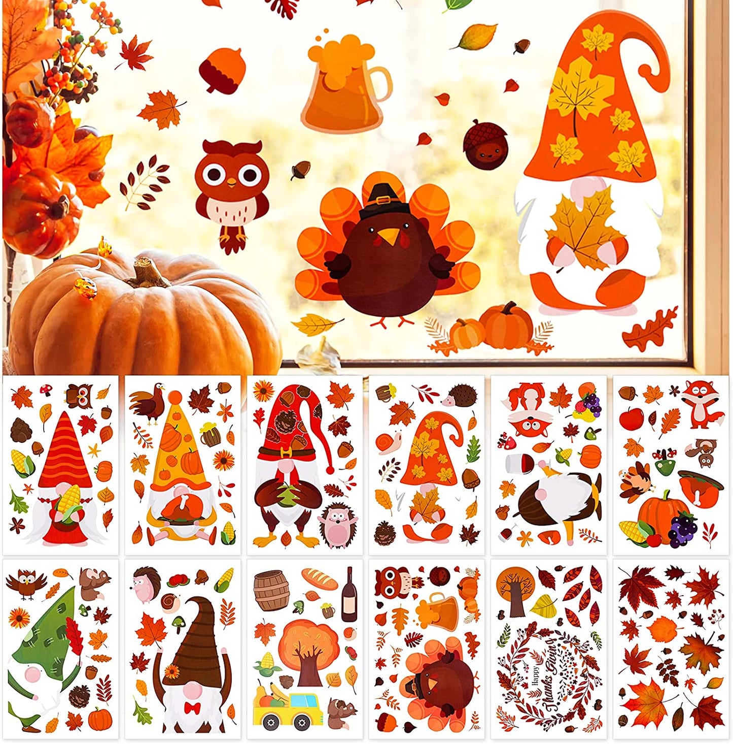 12 Sheets Christmas Static Window Cling 191PCS Thanksgiving Cartoon Window Gnome