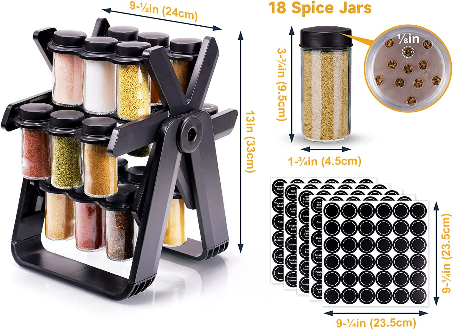 Rotating Spice Rack 18 Jars and Kitchen Labels Spinning Spice Rack Jar Organizer