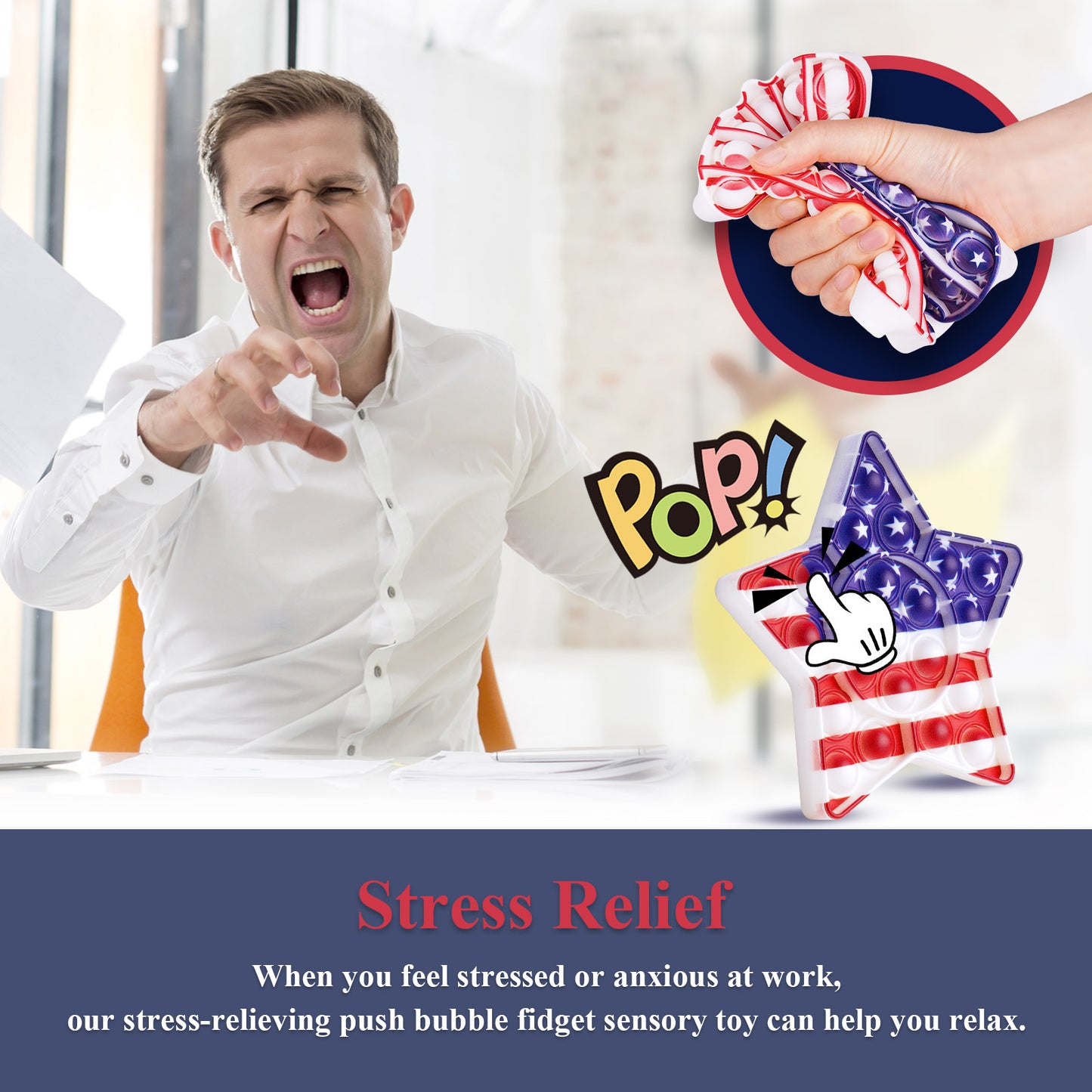 Fidget Pack Star USA Flag Pop Fidget Toy Silicone Sensory Bubble Game July 4th