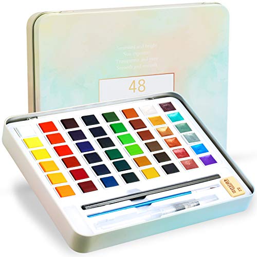 48 Color Watercolor Paint Set with 12 Metallic Color Portable Watercolor Palette