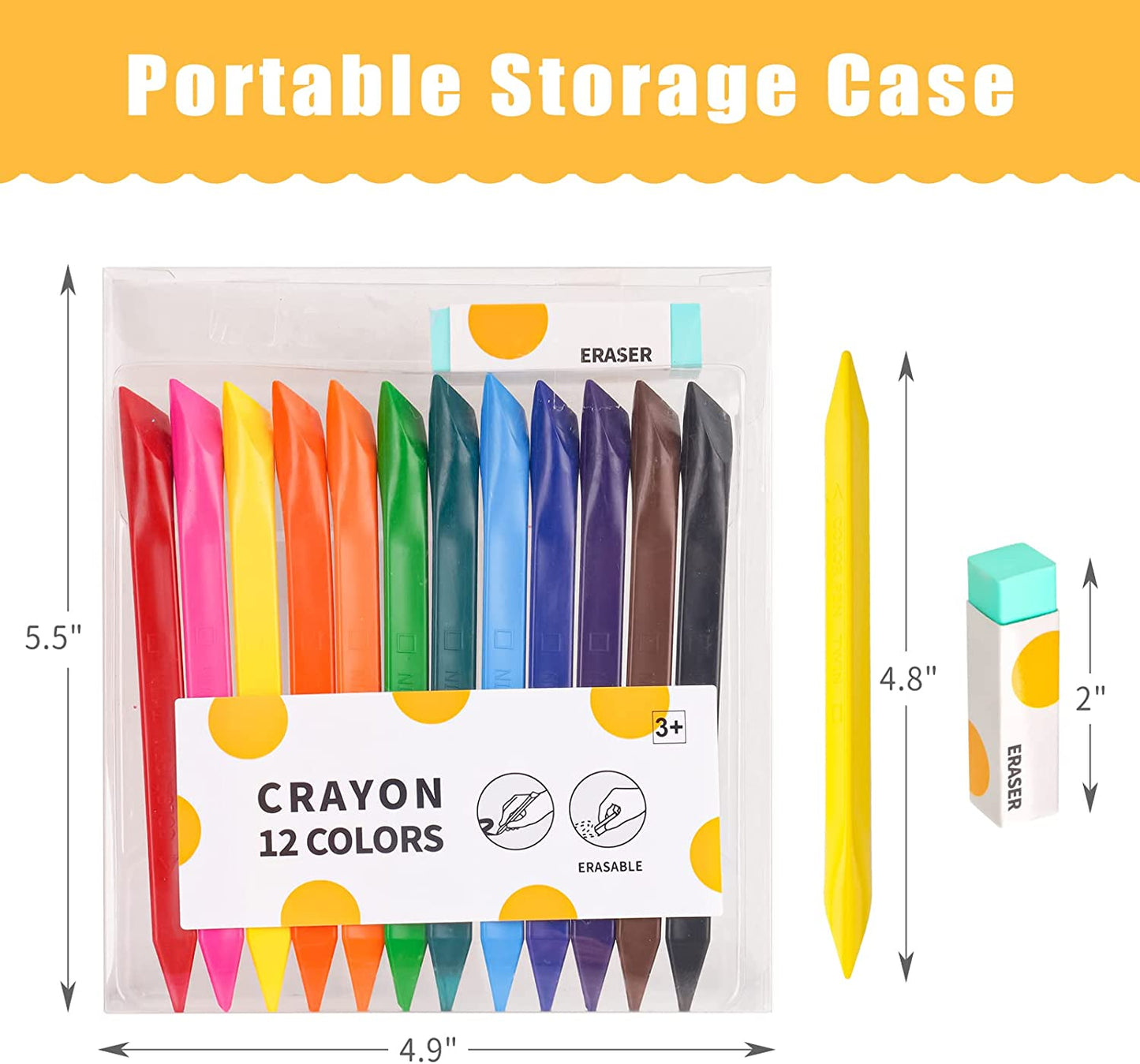 Erasable Crayon Set 12 Colors Triangle Crayons Non-Toxic Erasable Crayons Eraser