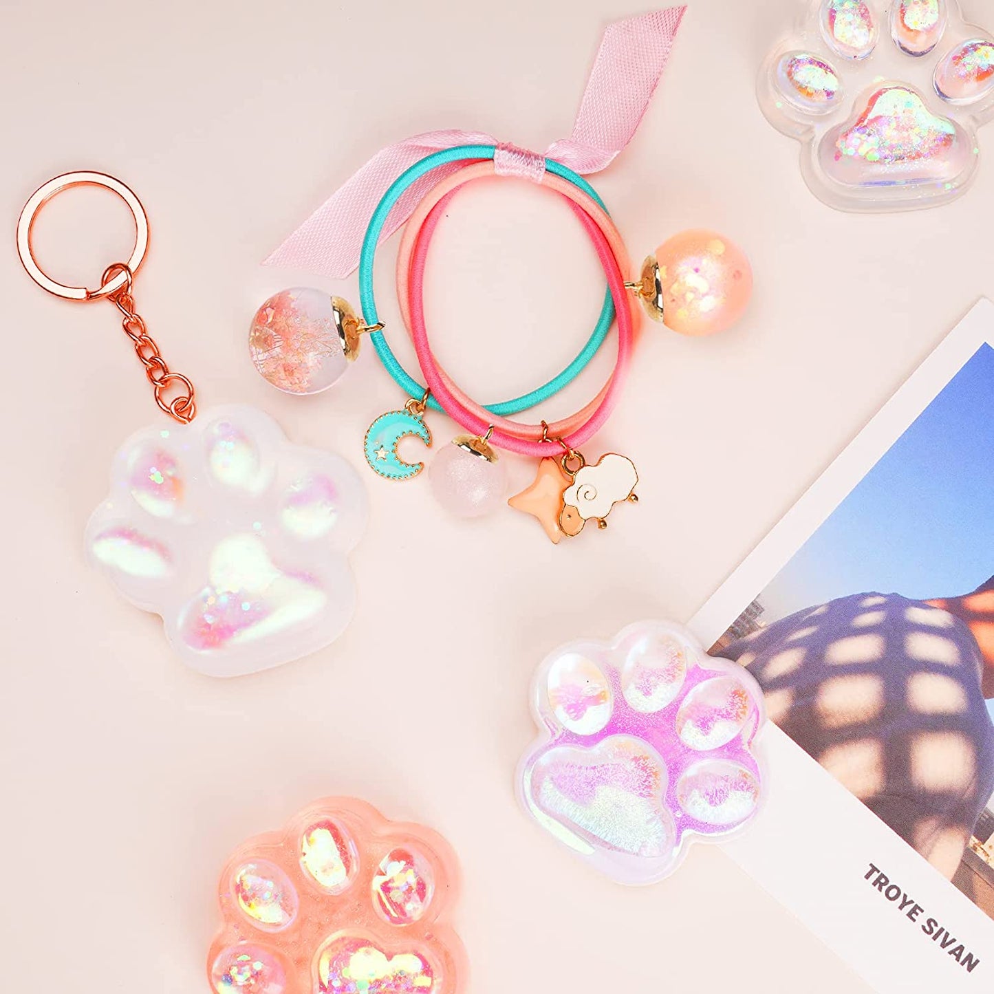 NiArt Resin Silicone Molds 4 Cat Paw Keychain Glossy & Matte+3 Spheres+10 Rings