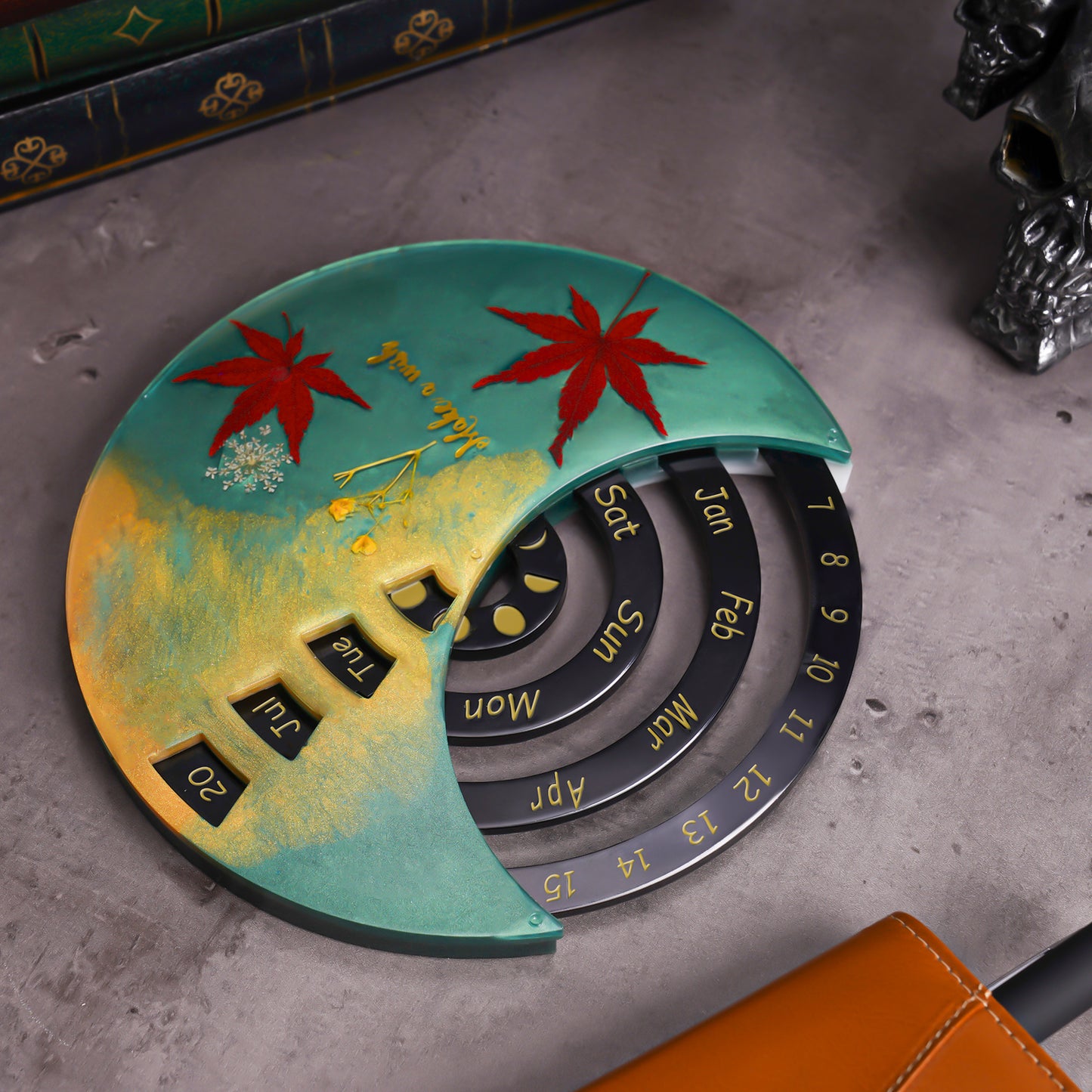8" Rotatable Perpetual Lunar Calendar Epoxy Resin Silicone Mold Silver Glitter
