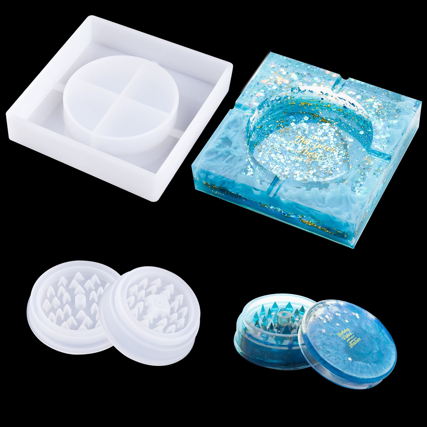 Epoxy Resin DIY Casting Silicone Mold Kit 2.87" Herb Grinder+5" Large Square A