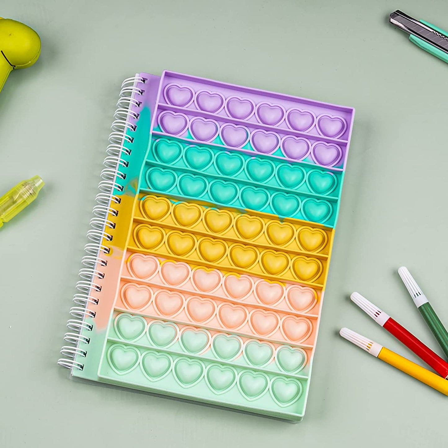 Fidget Spiral Notebook Heart Bubble Silicone Push Pop Cover A5 Journal 80 Sheets