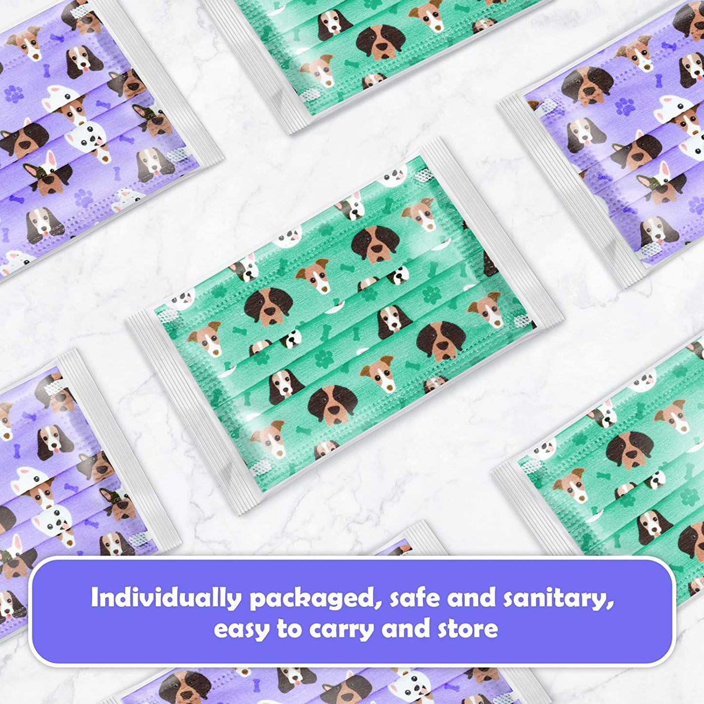 Kid Individual Packed Disposable 60PCS 3-Layer Fabric Cute Patterns Green Purple