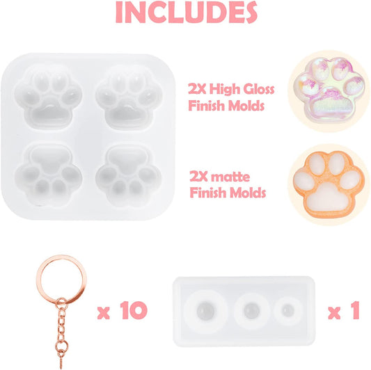 NiArt Resin Silicone Molds 4 Cat Paw Keychain Glossy & Matte+3 Spheres+10 Rings