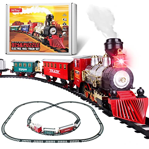 Vintage Electric Steam Smoke Locomotive Engine Toy Train Set for Kids, Battery