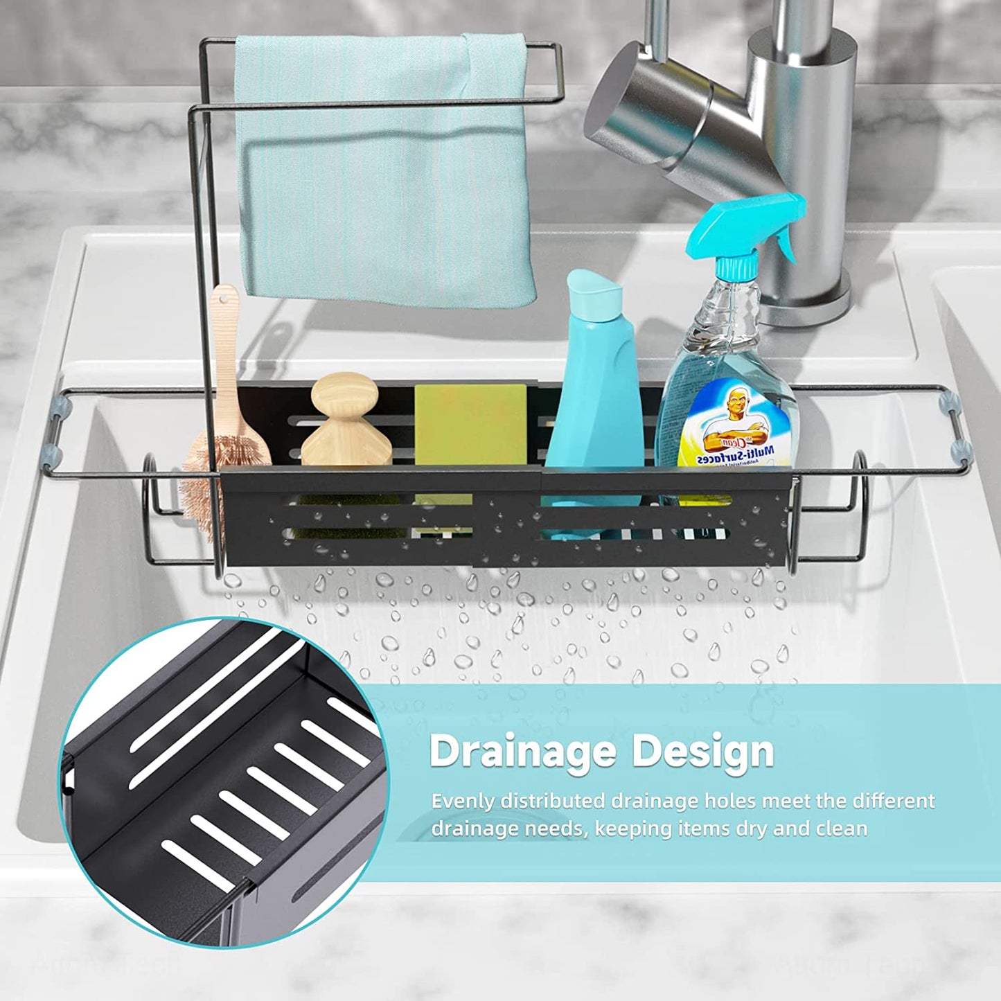 Adjustable Sink Storage Rack 2-In-1 Stainless Steel Sponge Caddy Organizer