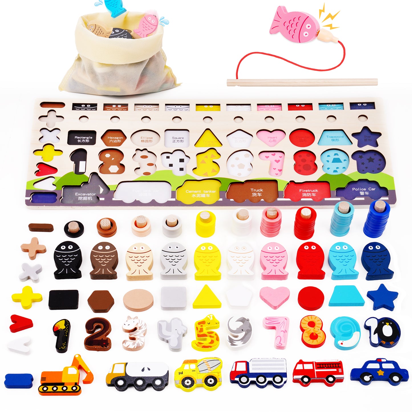 Wooden Magnetic Fishing Puzzle Sorting Stacking Toy 6-In-1 3D STEM Montessori