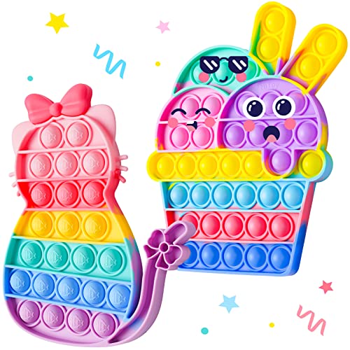 2PCS Bubble Fidget Toy - Ice Cream + Cat, Rainbow Colors