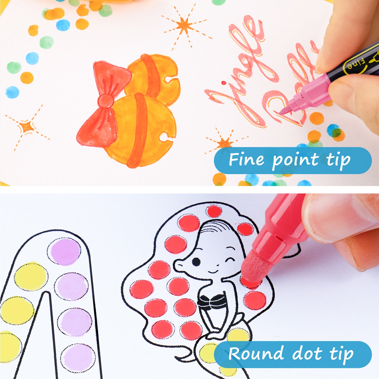 Dual Tip DOT Marker Pens, 12 Colors 1mm Fine Tip & 5mm Round DOT Tip Water-Bas