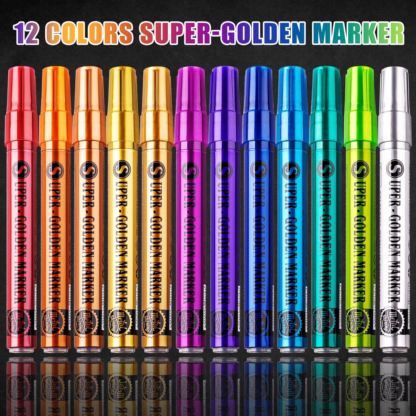 12 Colors Super Golden Metallic Effect Acrylic Paint Pen Set Water-Based Quick