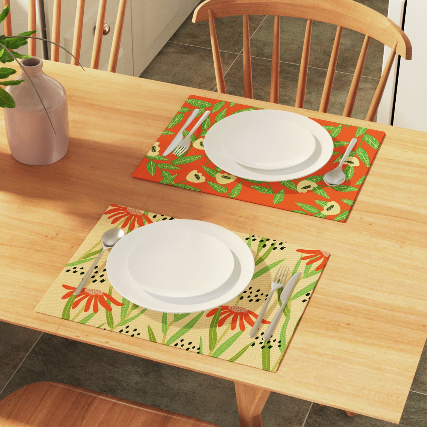 Pure Linen Placemats Set of 6 with Double-Sided Spring Floral Patterns Mashine