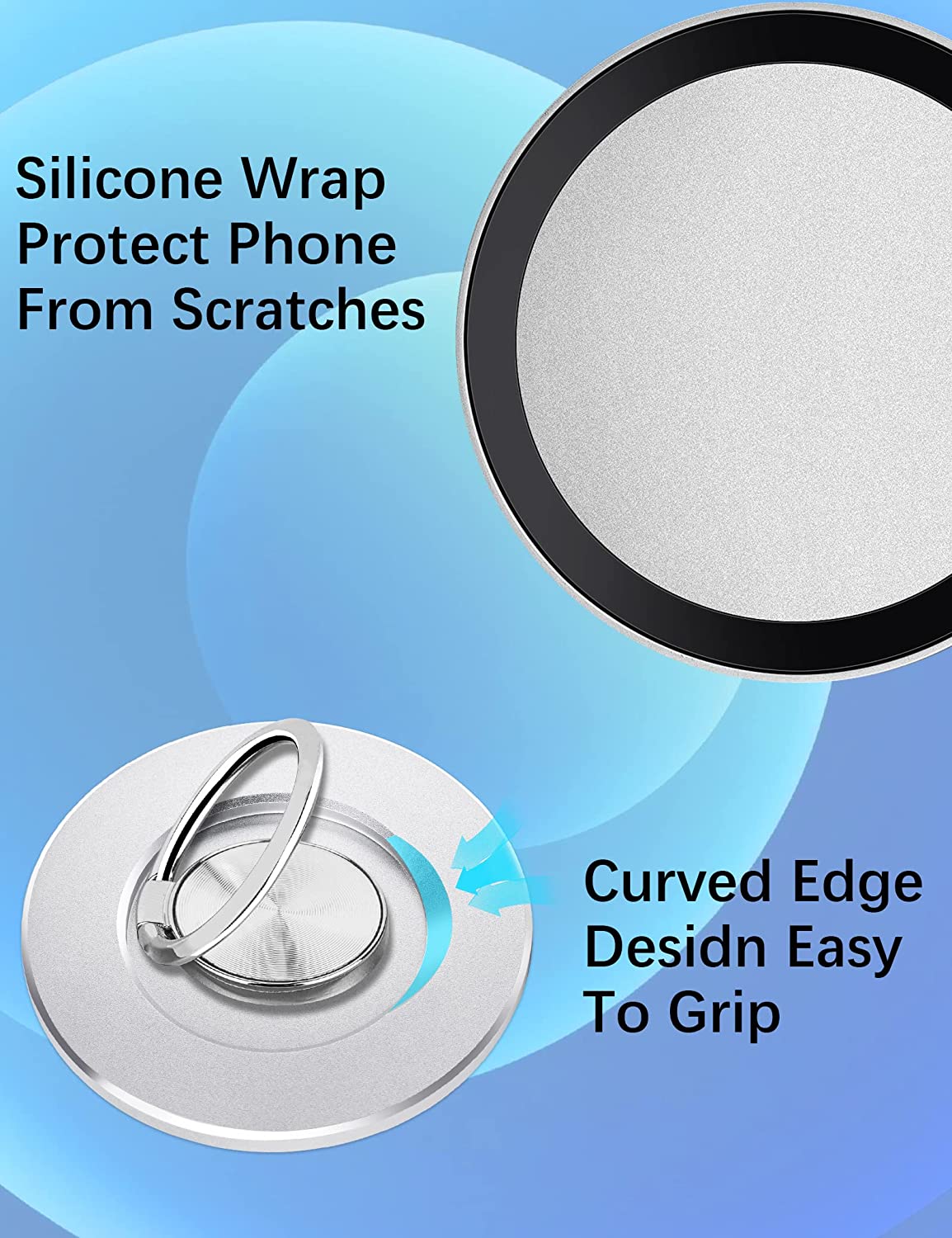 Magnetic Base Plate Phone Holder Ring Stand Removable Wireless Charging (Silver)