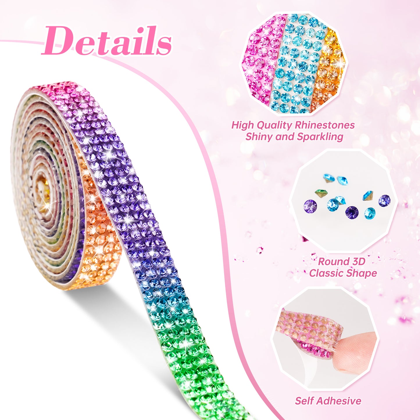 12-Pack 0.9cm Self-Adhesive Crystal Rhinestone Diamond Ribbon Roll - 12 Colors