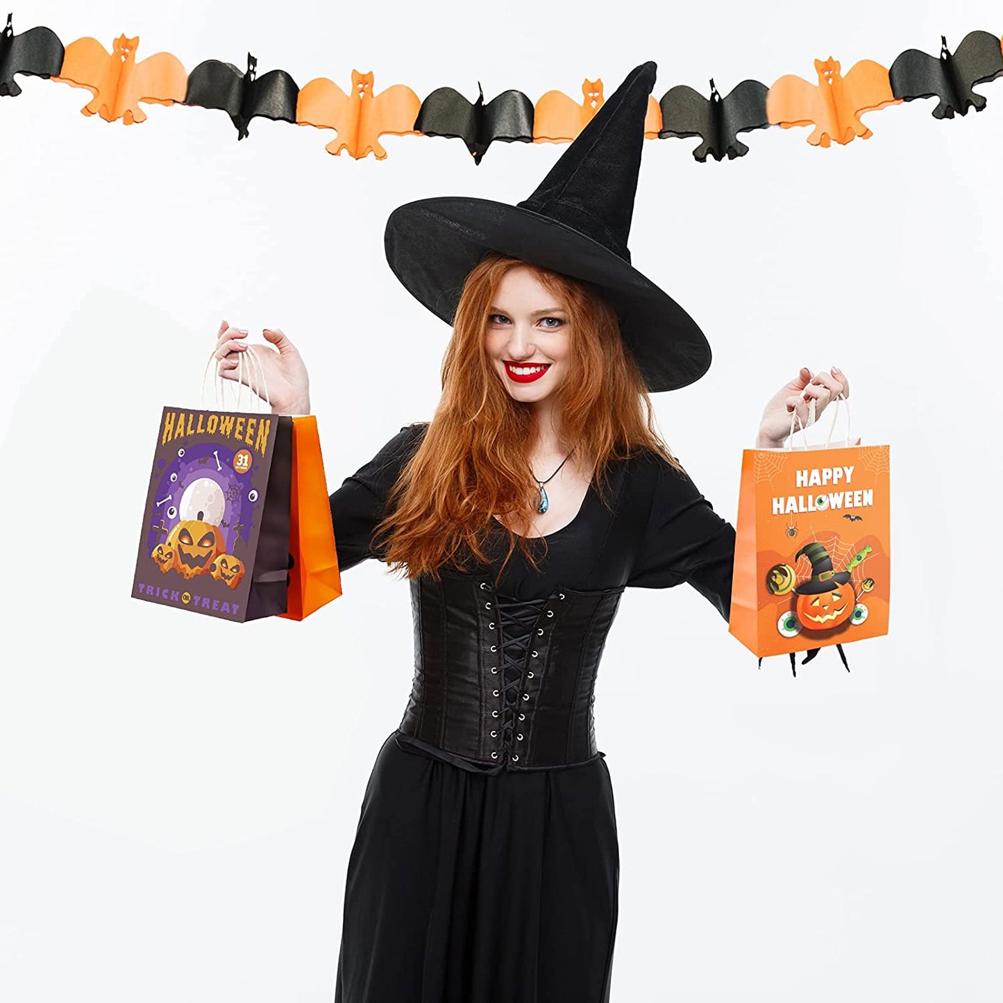 15PCS Halloween Kraft Paper Treat Bag Handles Trick or Treat Holiday Party Favor