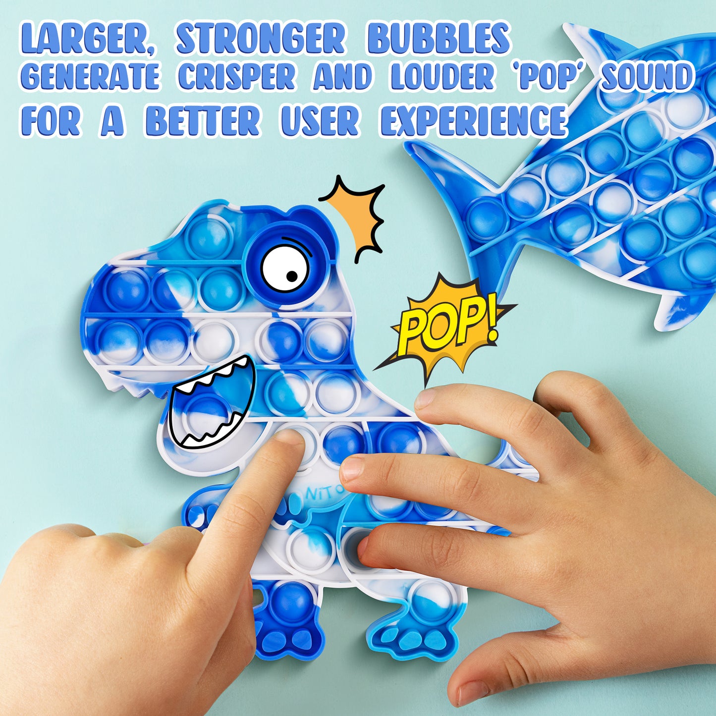 2PCS Push Pop Bubble Fidget Sensory Toys T-Rex Dinosaur & Shark, Large Silicon