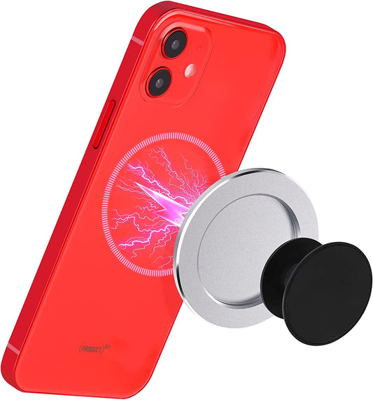 Removable Magnetic Base Phone Grip Holder Ring Stand Wireless Charging (Silver)