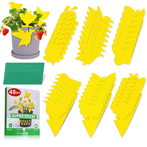 48-Pack Yellow Sticky Fruit Fly Catcher Plant Bug Traps+25PCS Twist Ties, 6 Pa