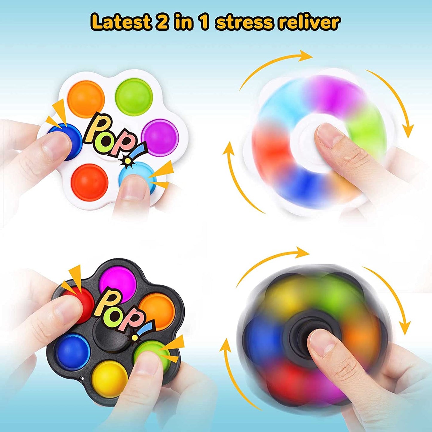 2PCS 2-in-1 Pop Fidget Spinners with Lanyards 6-Bubble Push Bubble Fidget Sens