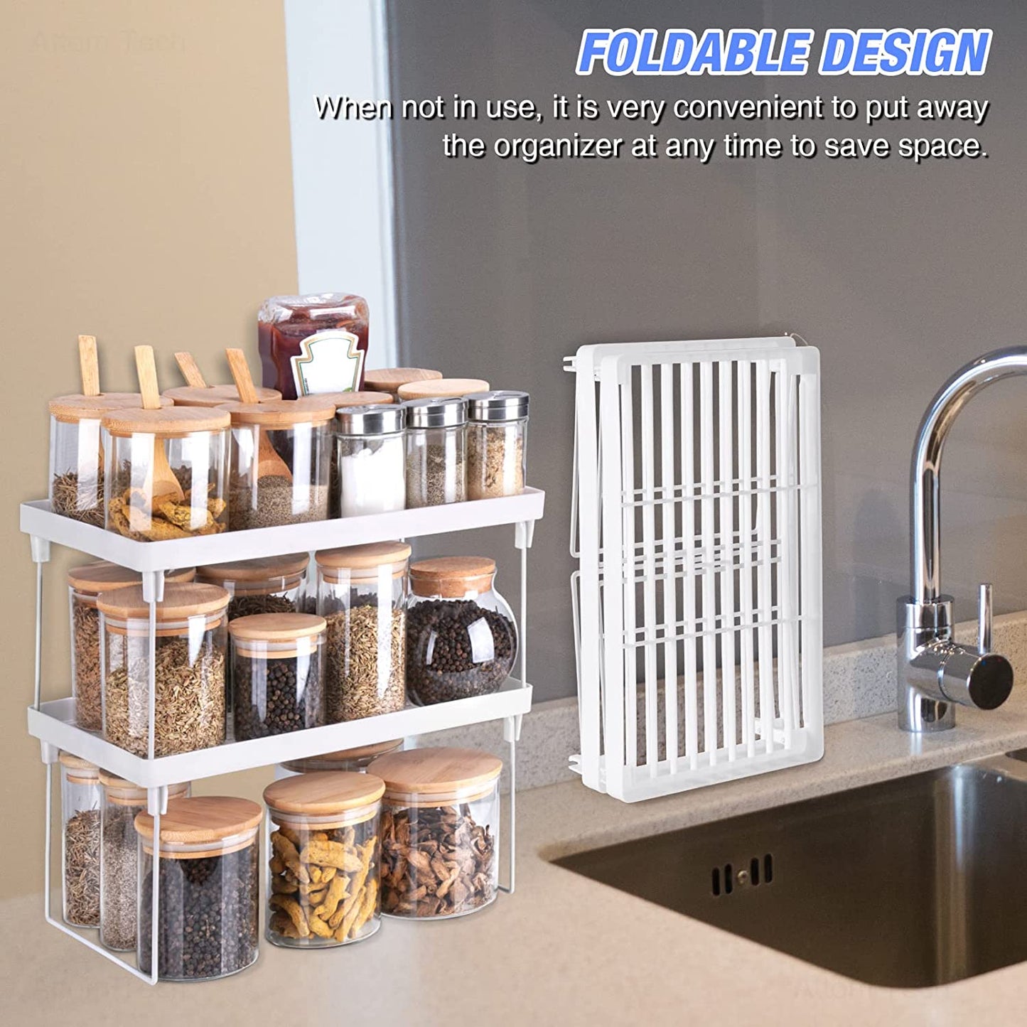 Stackable Plastic Kitchen Storage Shelf Foldable Rack 4-Pack Cabinet Organizer