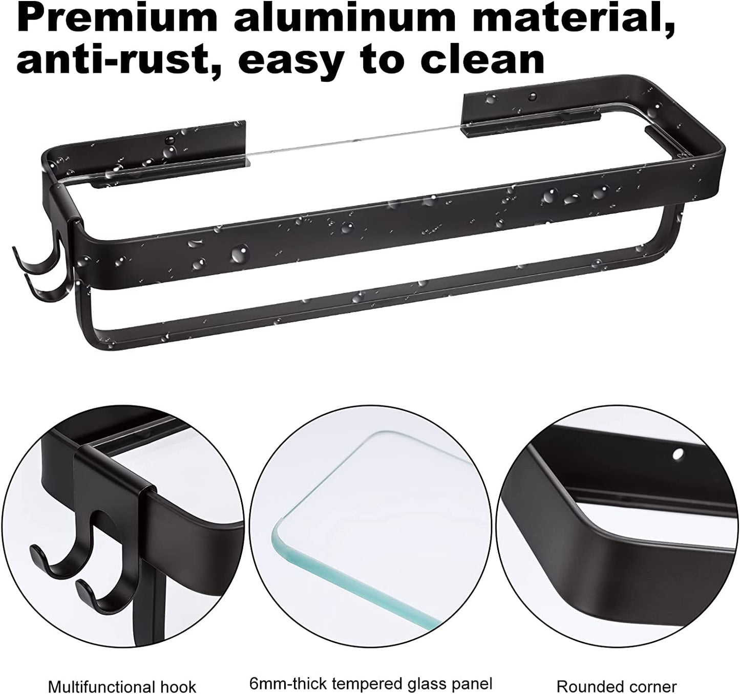 Wall Mount Bathroom Floating Shelf 2-Tier 15.7" Black Aluminum Frame Thick Glass