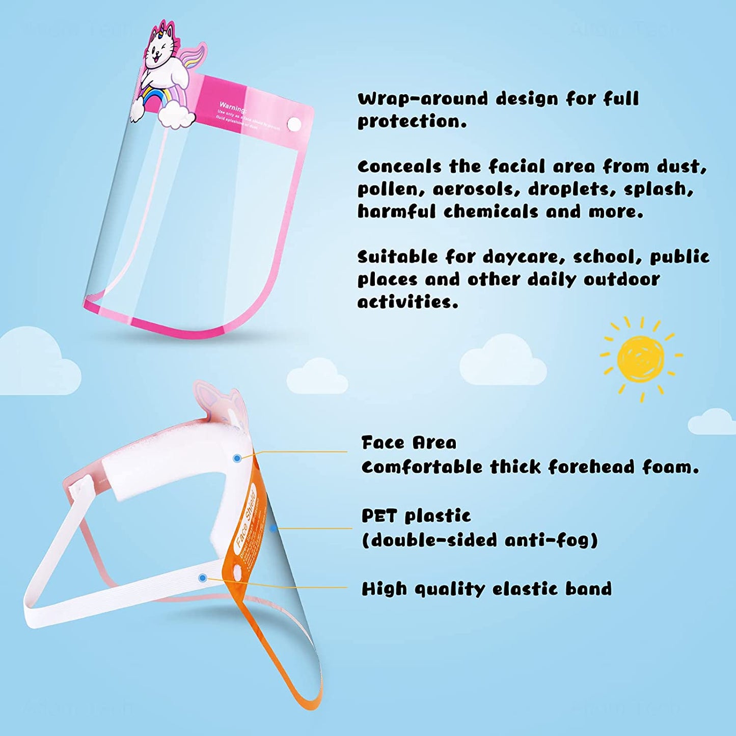 10PCS Kids' Protective Safety Face Shields Reusable Clear Cover Cartoon Designs