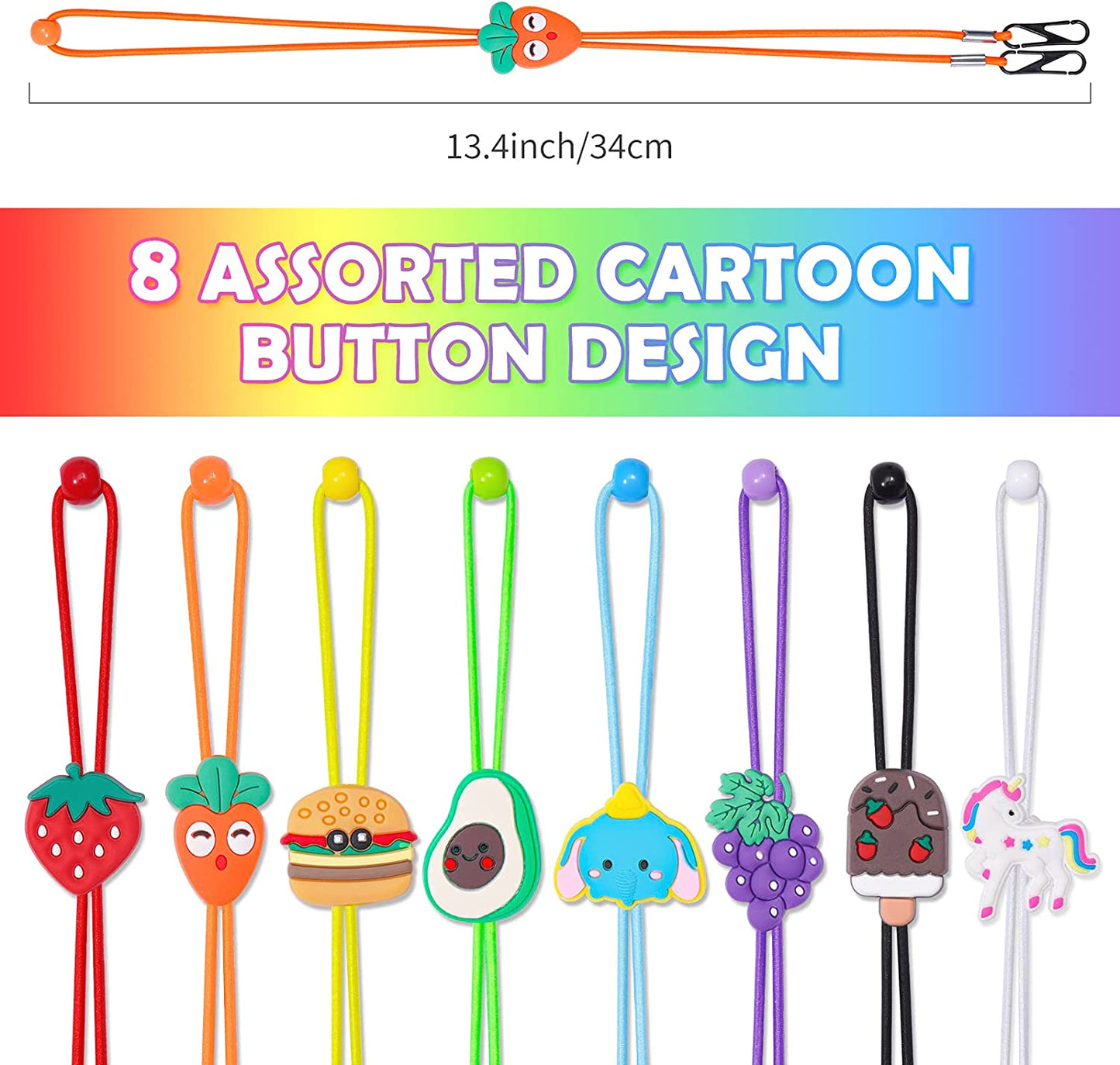 8PCS Adjustable Lanyards 13" Cartoon Elastic Mask Extension Cord Clips