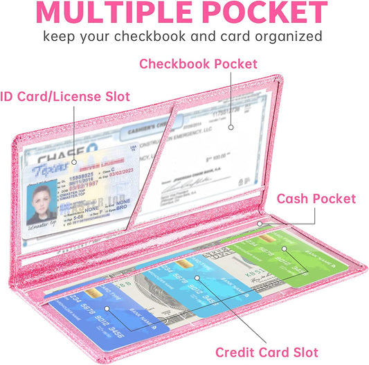 Glitter Checkbook Cover PU Leather RFID Blocking Check Book Wallet Protective