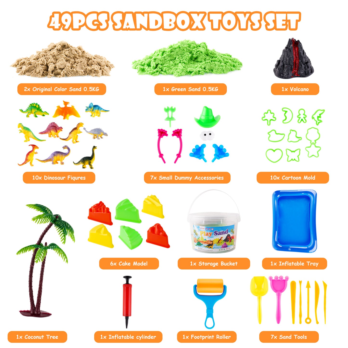 Play Sand Kit 3.3lbs 2 Colors Sensory Sand with Dinosaur Animal Cake Molds Tools